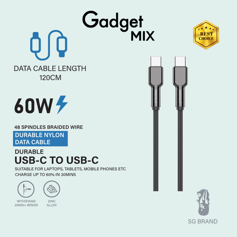 Gadget Mix Diginut BA-1239C USB-A To Type-C/BC-1239C Type-C To Type-C Zinc Alloy Data Cable 3A 1.2M Grey