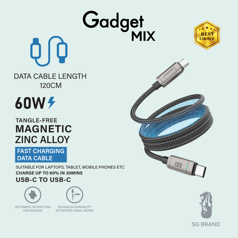Gadget Mix Diginut BC-1250C/BC-2050C Type-C To Type-C Zinc Alloy Magnetic Data Cable 60W1.2M/2M Grey