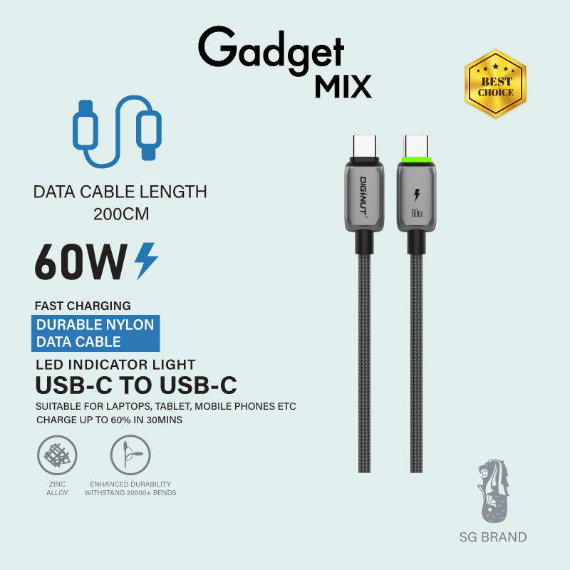 Gadget Mix Diginut BC-1237C/BC-2037C/BC-3037C Type-C To Type-C Zinc Alloy Data Cable 60W 1.2M Grey