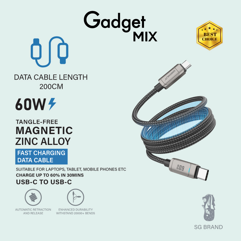 Gadget Mix Diginut BC-1250C/BC-2050C Type-C To Type-C Zinc Alloy Magnetic Data Cable 60W1.2M/2M Grey