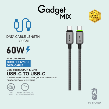 Gadget Mix Diginut BC-1237C/BC-2037C/BC-3037C Type-C To Type-C Zinc Alloy Data Cable 60W 1.2M Grey