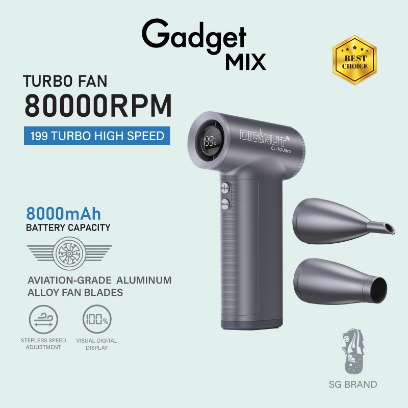 Gadget Mix Diginut CL-70 Ultra Handheld Turbo Fan (Grey) - 199 Speeds, USB Rechargeable, Portable for Cooling at Home or Travel