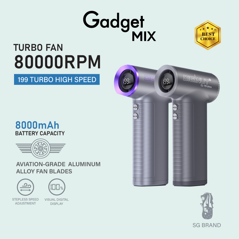 Gadget Mix Diginut CL-70 Ultra Handheld Turbo Fan (Grey) - 199 Speeds, USB Rechargeable, Portable for Cooling at Home or Travel
