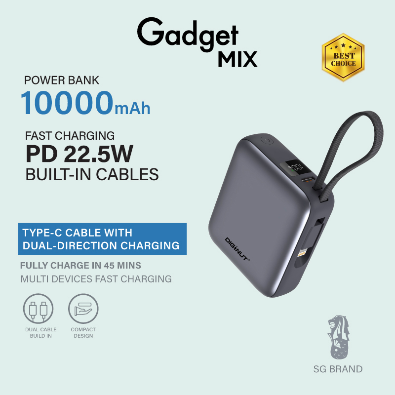 Gadget Mix Diginut P-50 Nano 10000mAh PD20W+22.5W Mini Powerbank With Wire Grey Titanium