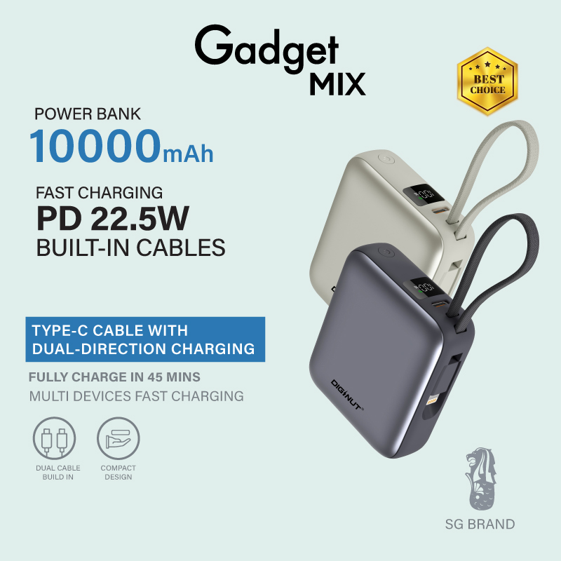 Gadget Mix Diginut P-50 Nano 10000mAh PD20W+22.5W Mini Powerbank With Wire Grey Titanium