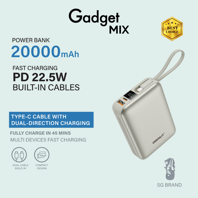 Diginut P-52 Nano Plus 20000mAh PD20W+22.5W Mini Powerbank With Wire G