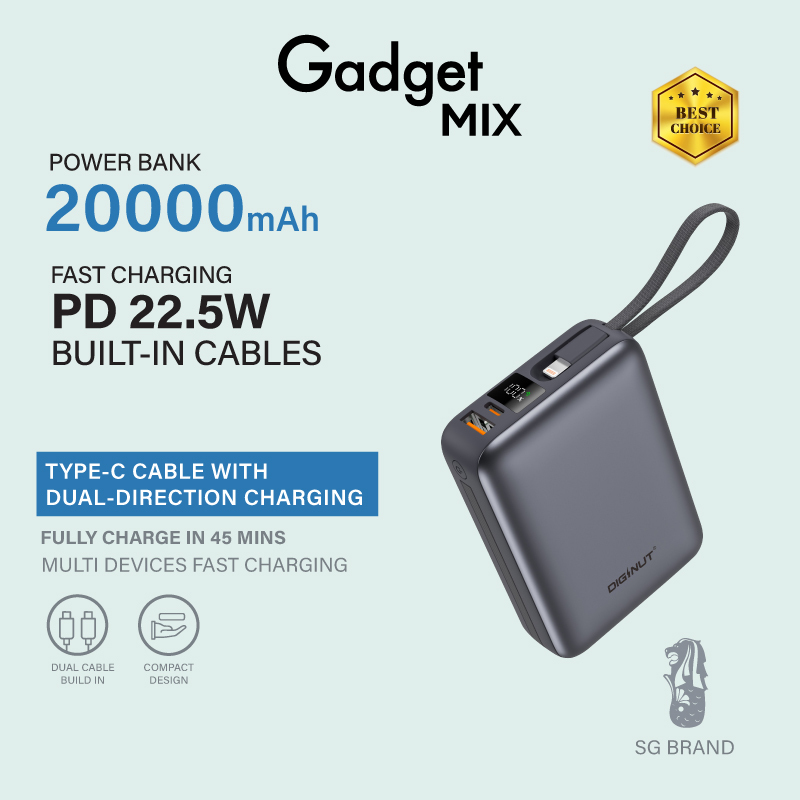 Gadget Mix Diginut P-52 Nano Plus 20000mAh PD20W+22.5W Mini Powerbank With Wire Grey Titanium