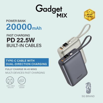 Gadget Mix Diginut P-52 Nano Plus 20000mAh PD20W+22.5W Mini Powerbank With Wire Grey Titanium
