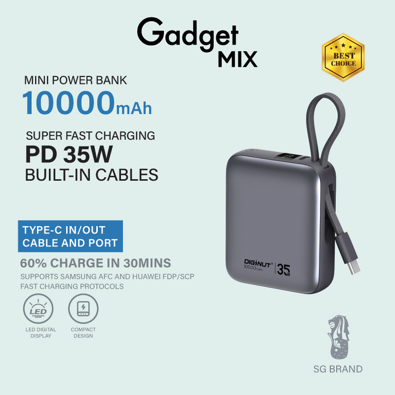 Image 25: Gadget Mix Diginut P-53 PD35W 10000mAh Power Bank With Built-in Cable Titanium Grey