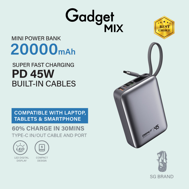Gadget Mix Diginut P-55 PD35W 20000mAh Power Bank With Built-in Cable Titanium Grey