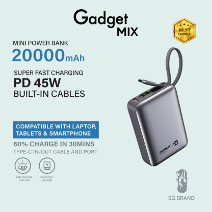 Gadget Mix Diginut P-55 PD35W 20000mAh Power Bank With Built-in Cable Titanium Grey
