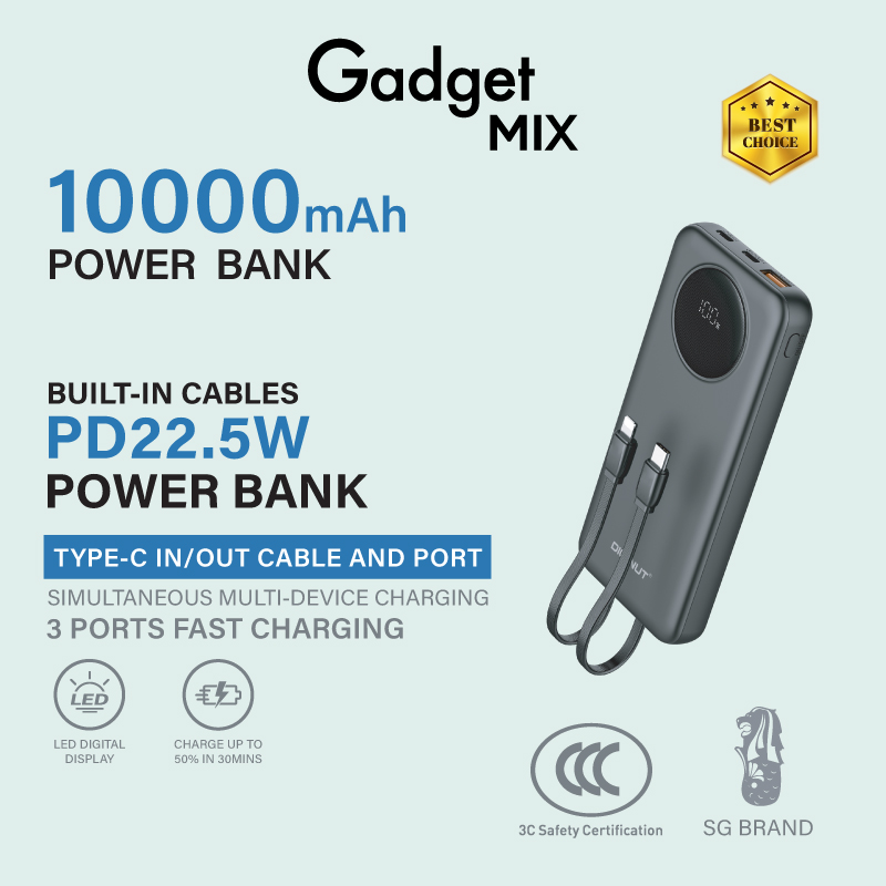 Gadget Mix Diginut PX-11 10000mAh PD 20WPower Bank with Cables White