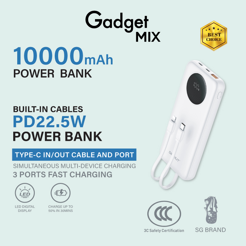 Gadget Mix Diginut PX-11 10000mAh PD 20WPower Bank with Cables White