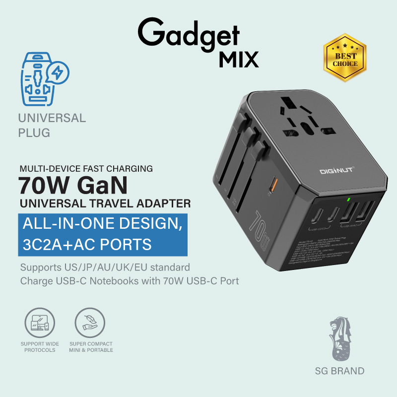 Gadget Mix Diginut TR-10 GaN Tech 70W 2USB-A+3USB-C Travel Plug Black