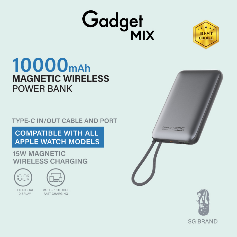 Gadget Mix Diginut W-50 Pro 10000mAh Magnetic Wireless Power Bank With Built-in Cable Titanium Grey