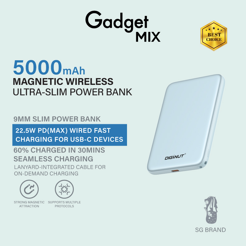 Gadget Mix Diginut W-51 5000mAh Ultra-Slim Magnetic Wireless Charging Power Bank