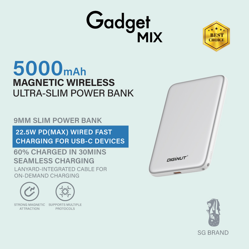 Gadget Mix Diginut W-51 5000mAh Ultra-Slim Magnetic Wireless Charging Power Bank