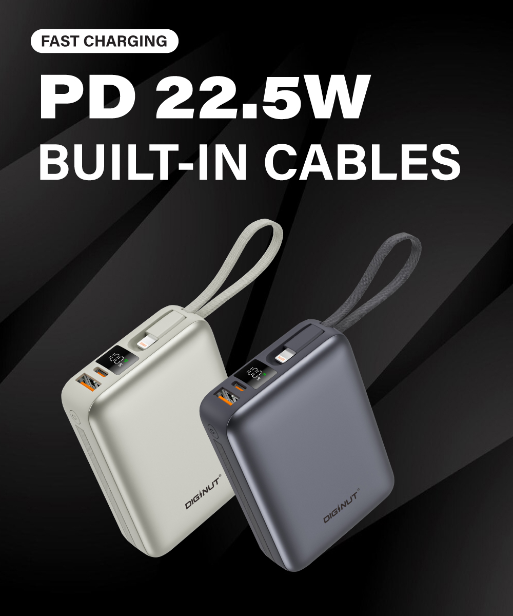 Gadget Mix Diginut P-50 Nano 10000mAh PD20W+22.5W Mini Powerbank With Wire Grey Titanium