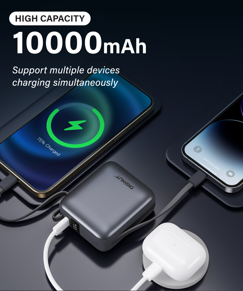 Gadget Mix Diginut P-50 Nano 10000mAh PD20W+22.5W Mini Powerbank With Wire Grey Titanium