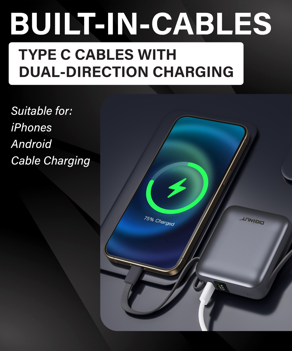 Gadget Mix Diginut P-50 Nano 10000mAh PD20W+22.5W Mini Powerbank With Wire Grey Titanium