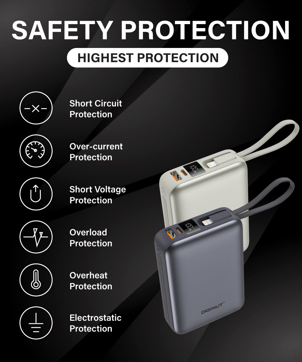 Gadget Mix Diginut P-50 Nano 10000mAh PD20W+22.5W Mini Powerbank With Wire Grey Titanium