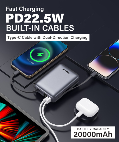 Diginut P-52 Nano Plus 20000mAh PD20W+22.5W Mini Powerbank With Wire Grey Titanium