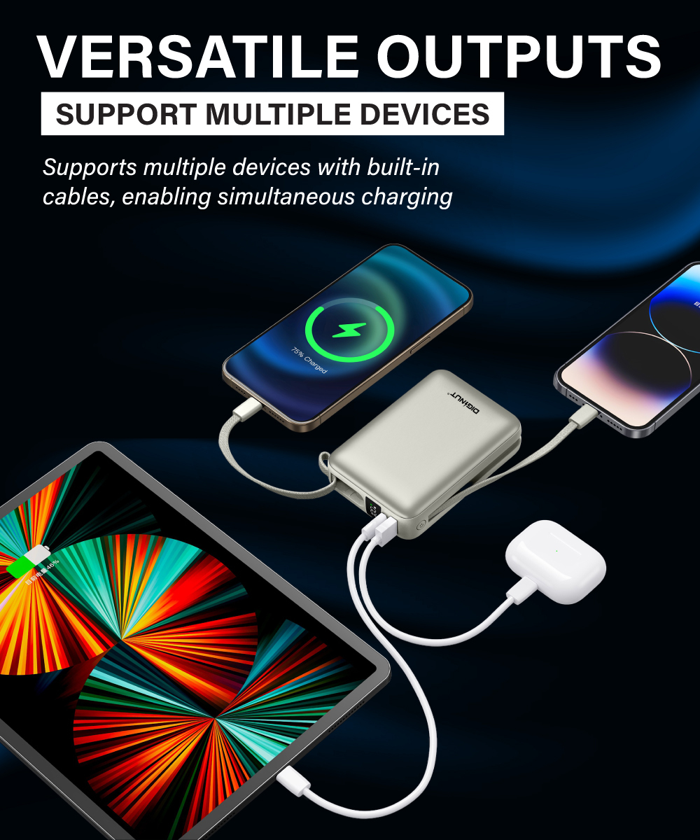 Diginut P-52 Nano Plus 20000mAh PD20W+22.5W Mini Powerbank With Wire Grey Titanium