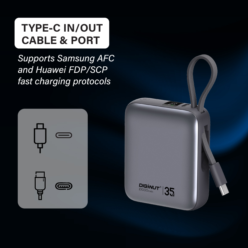 Image 26: Diginut P-53 PD35W 10000mAh Power Bank With Built-in Cable Titanium Grey