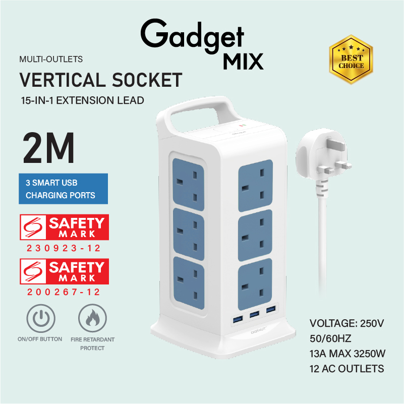 SG The FIRST SAFETY MARK Tower Extension Socke Gadget MIX Diginut TP-VF3U12K 15IN1 Vertical Power Socket/Safety Mark App