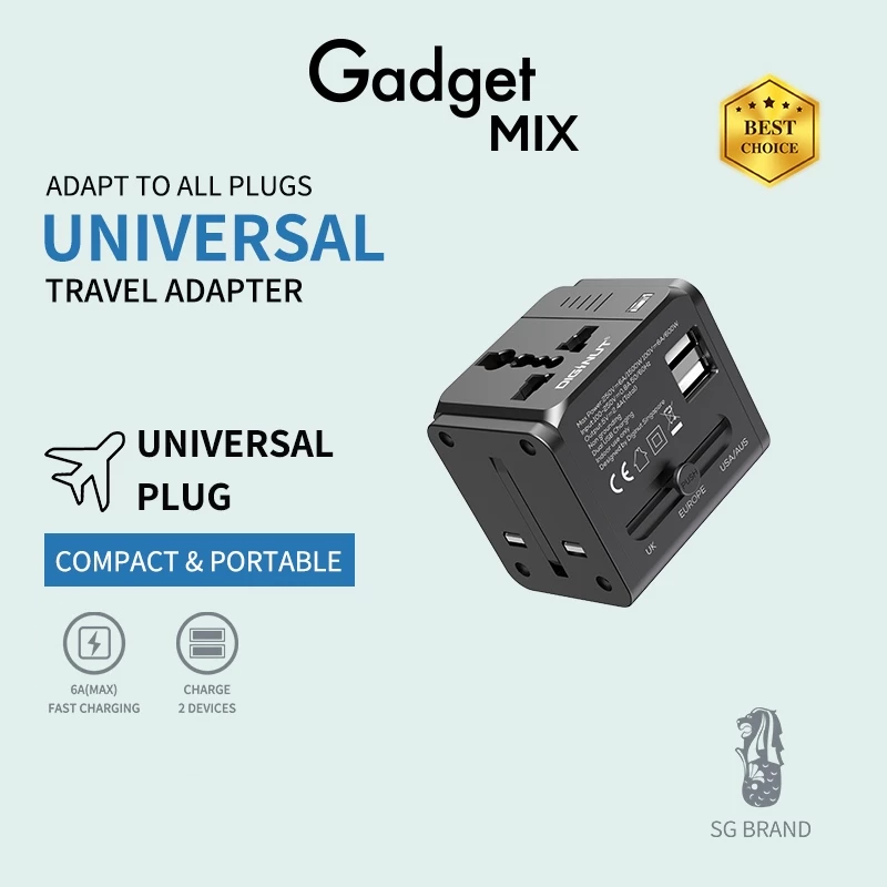 Gadget MIX Diginut TR-05 2 USB-A 2.4A Travel Adapter Black/ Supports More Than 200 Countries