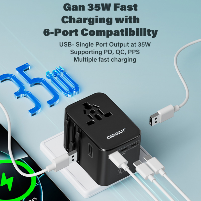 Diginut TR-08 GaN 35W 2USB-A+3USB-C Travel Plug Black