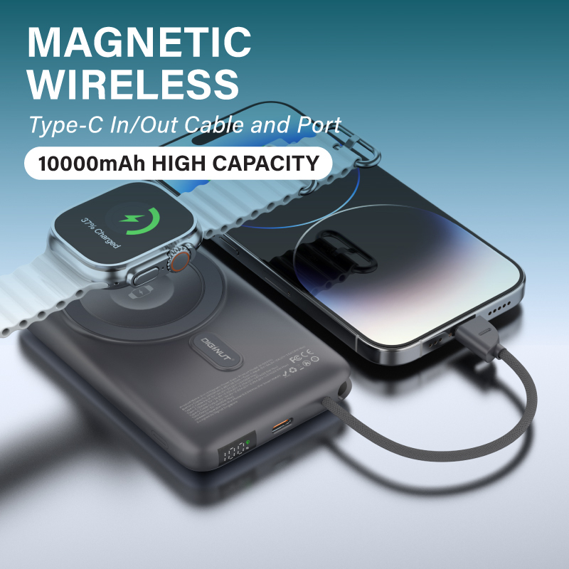 Diginut W-50 Pro 10000mAh Magnetic Wireless Power Bank With Built-in Cable Titanium Grey