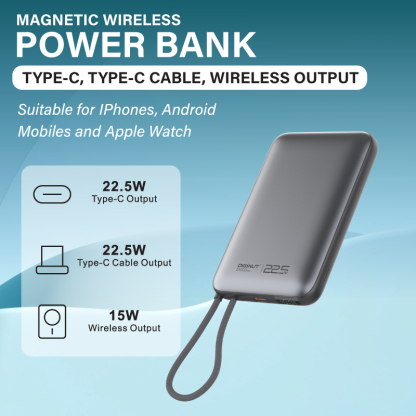 Diginut W-50 Pro 10000mAh Magnetic Wireless Power Bank With Built-in Cable Titanium Grey