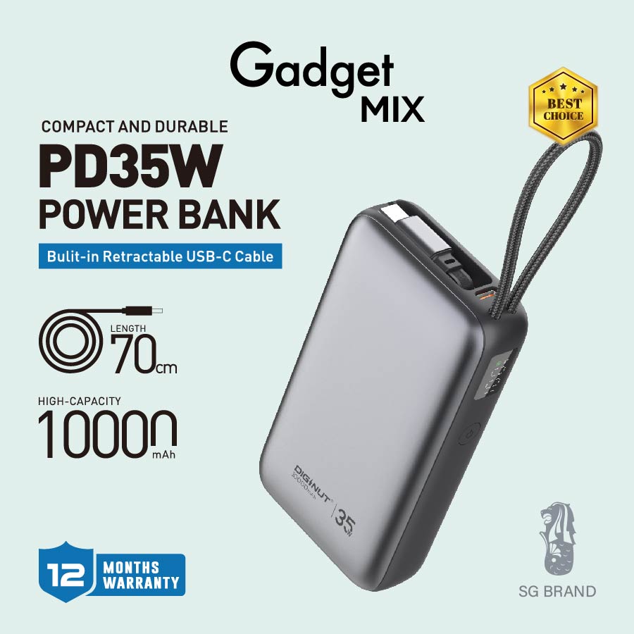 Gadget Mix Diginut P-59 Nano 10000mAh 35WRetractable Cable Power Bank Grey