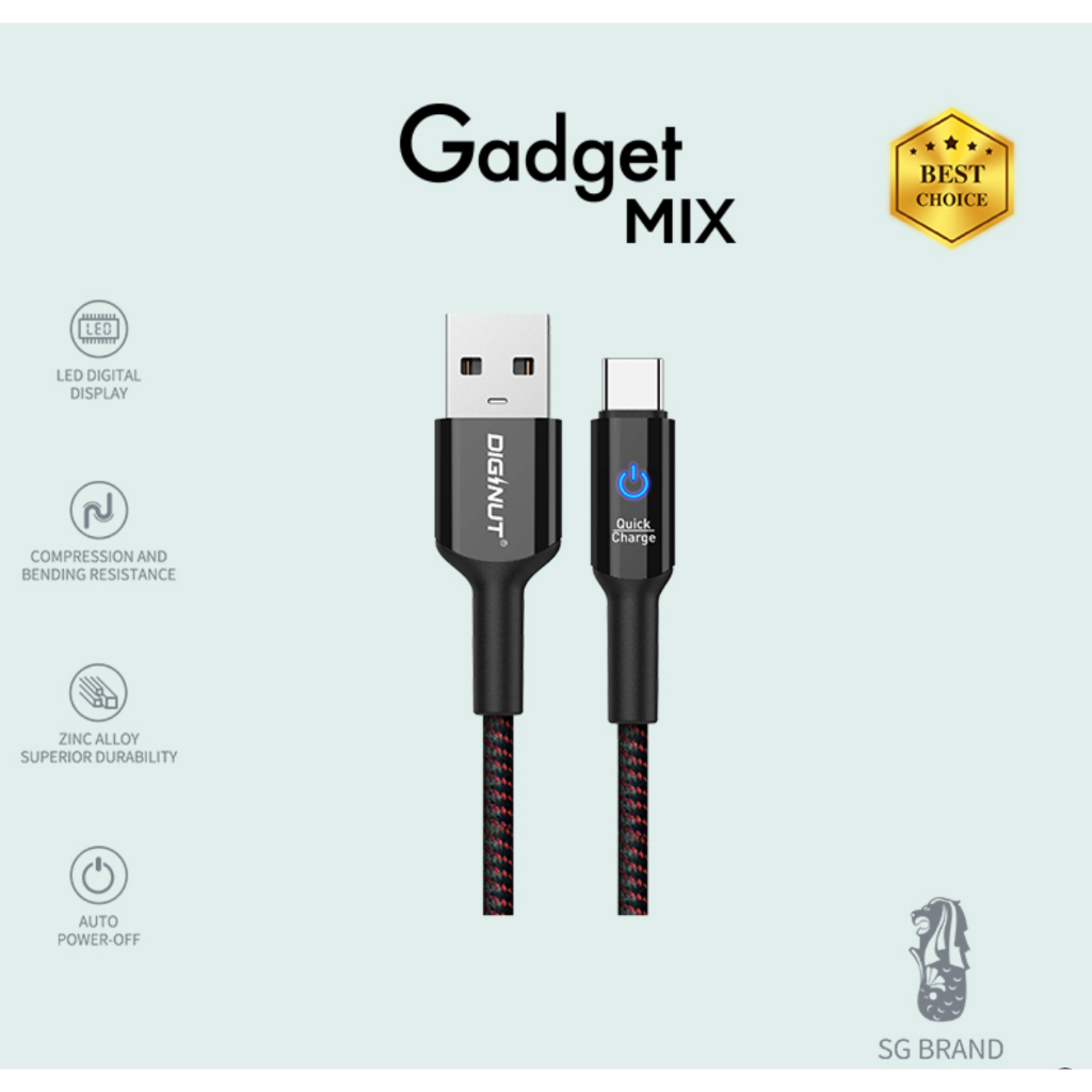 Gadget MIX Diginut BC-1220C Zinc Alloy Digital Display Type-C To Type-C Cable 1.2M 60W Black