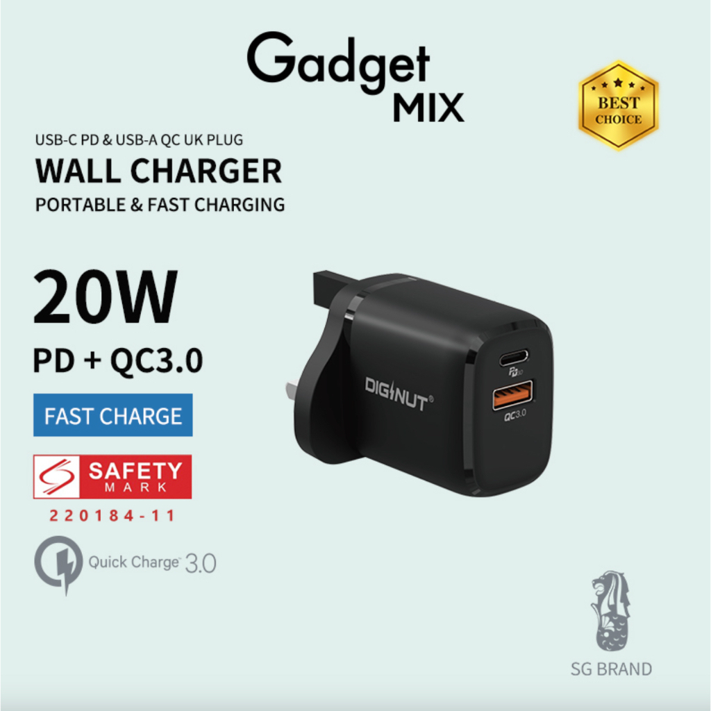 Gadget MIX Diginut A2008-02 PD+QC3.0 USB-A+USB-C 20W Multiple Wall Charger/ Fast Charging
