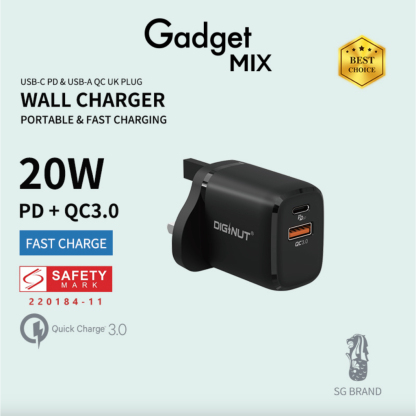 Gadget MIX Diginut A2008-02 PD+QC3.0 USB-A+USB-C 20W Multiple Wall Charger/ Fast Charging