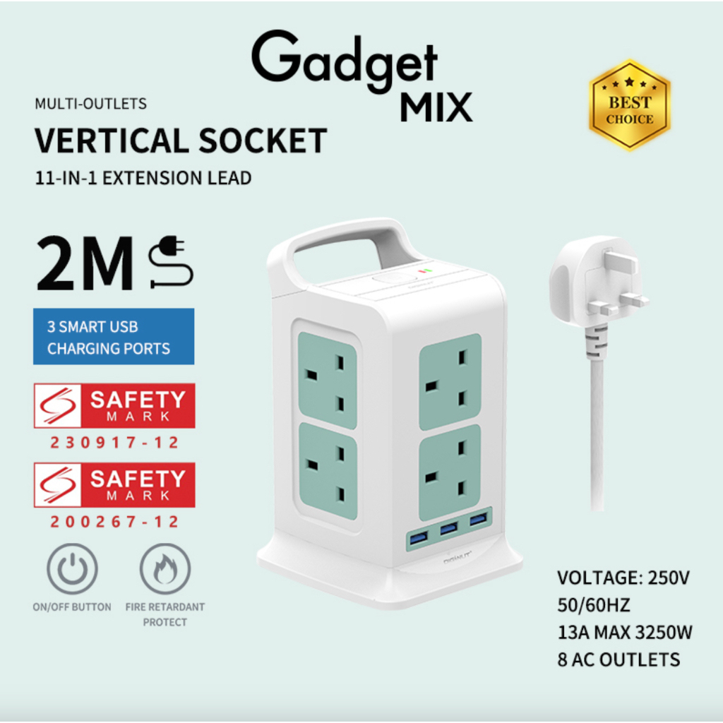 SG The FIRST SAFETY MARK Tower Extension Socke- Gadget MIX Diginut TP-VK3U8K 11IN1 Vertical Power Socket/Save More Space