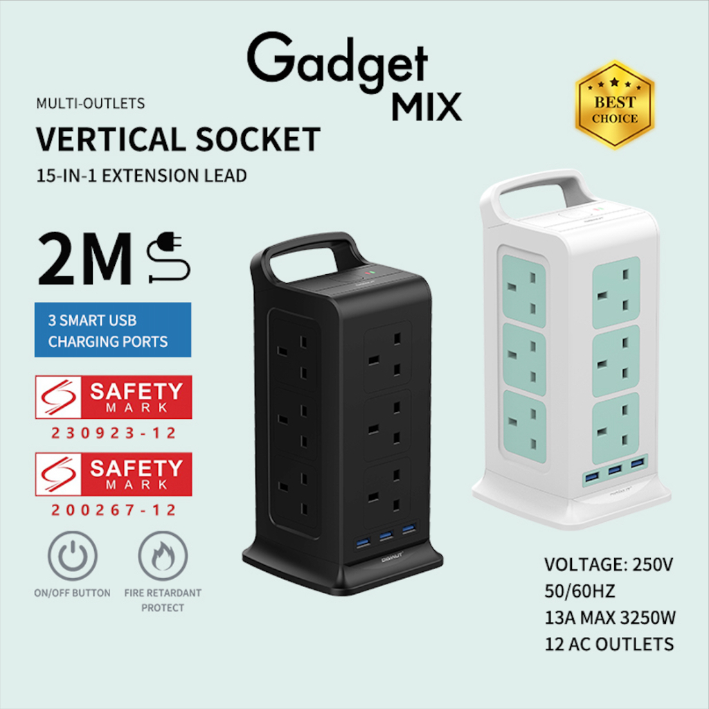 SG The FIRST SAFETY MARK Tower Extension Socke Gadget MIX Diginut TP-VF3U12K 15IN1 Vertical Power Socket/Safety Mark App
