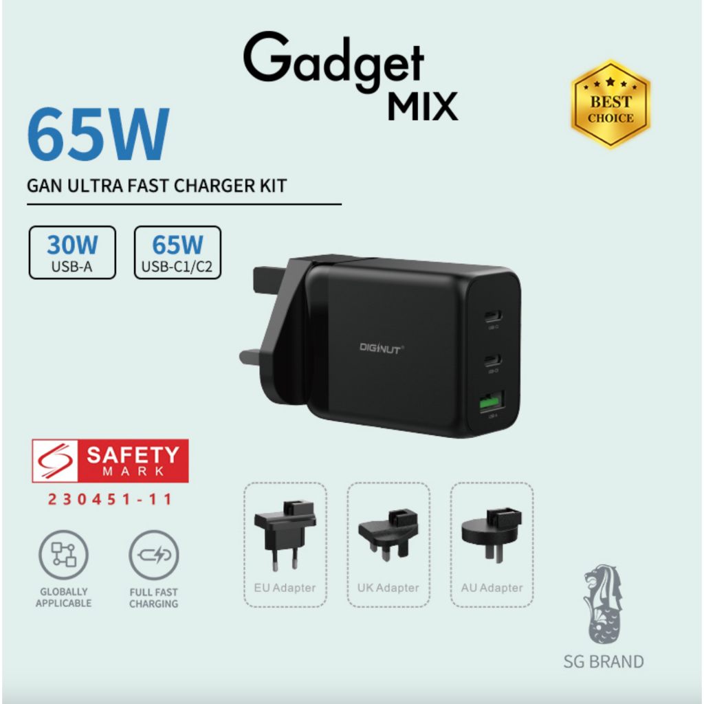 Gadget MIX PD-060PTY 65W GaN Power Plug/ 3-port Designs/ EU/UK/US Adaptor/ Gan Tech Fast Charging