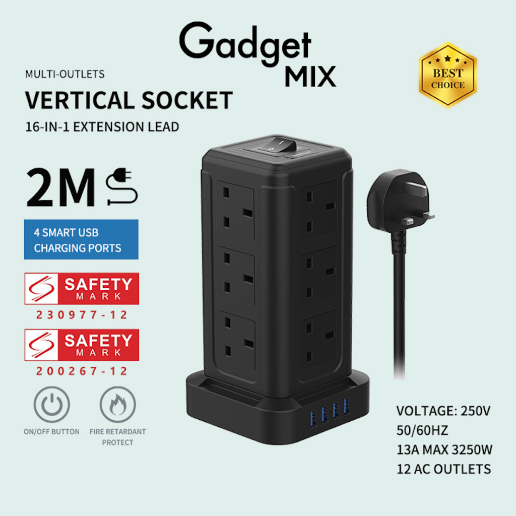 SG The FIRST SAFETY MARK Tower Extension Socket - Gadget MIX Diginut TP-VF4U12K 16IN1 Vertical Power Socket