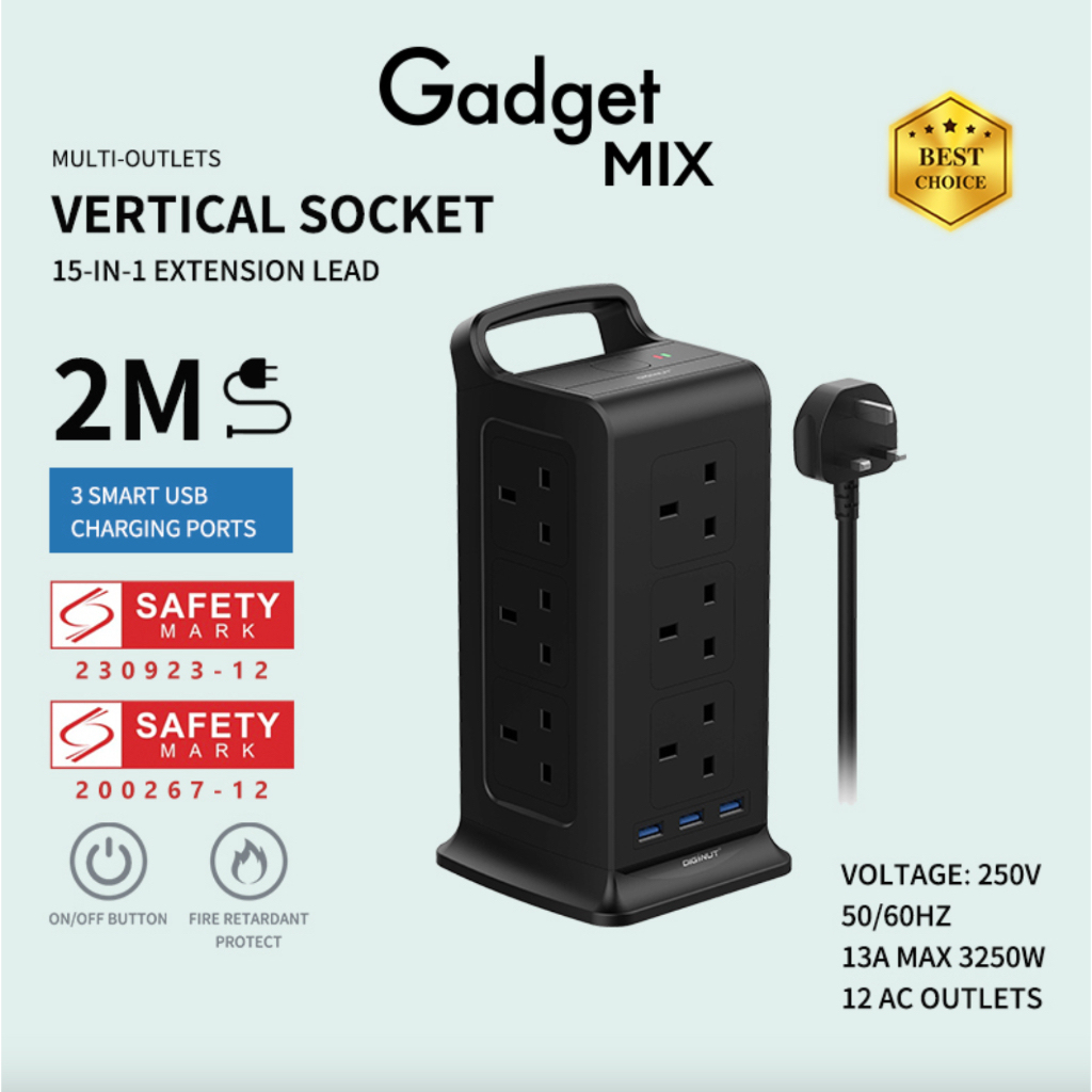 SG The FIRST SAFETY MARK Tower Extension Socket - Gadget MIX Diginut Vertical Power Socket/ Safety Mark/ Safe Space