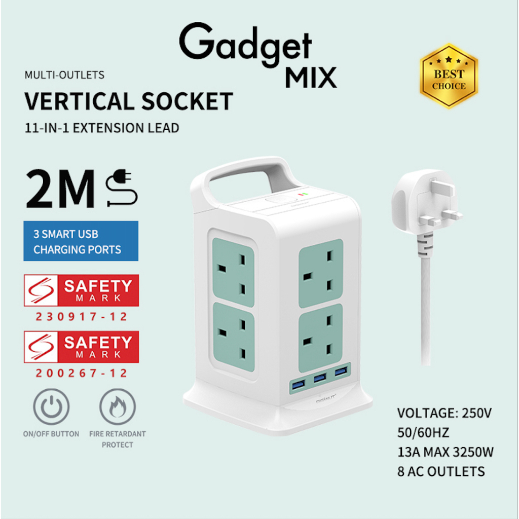 SG The FIRST SAFETY MARK Tower Extension Socke- Gadget MIX Diginut TP-VK3U8K 11IN1 Vertical Power Socket/Save More Space