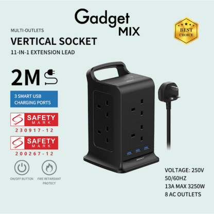 SG The FIRST SAFETY MARK Tower Extension Socke- Gadget MIX Diginut TP-VK3U8K 11IN1 Vertical Power Socket/Save More Space