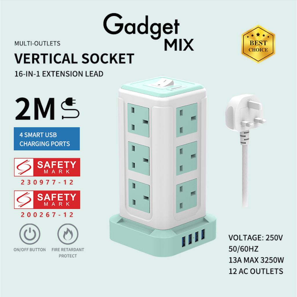 SG The FIRST SAFETY MARK Tower Extension Socket - Gadget MIX Diginut TP-VF4U12K 16IN1 Vertical Power Socket