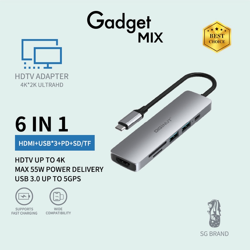 Gadget MIX Diginut DA-20 6IN1 Type-C Hub+Card Reader+HDMI 4K Resolution/ HDMI 1.4*1+PD*1+ USB*3/ Wide Compatibility