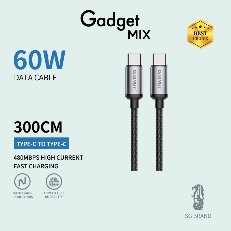 Gadget MIX Diginut BC-3010C Type-C To Type-C Data Cable 60W 3M Black/ 60W Fast Charging/ Support Data Transfer