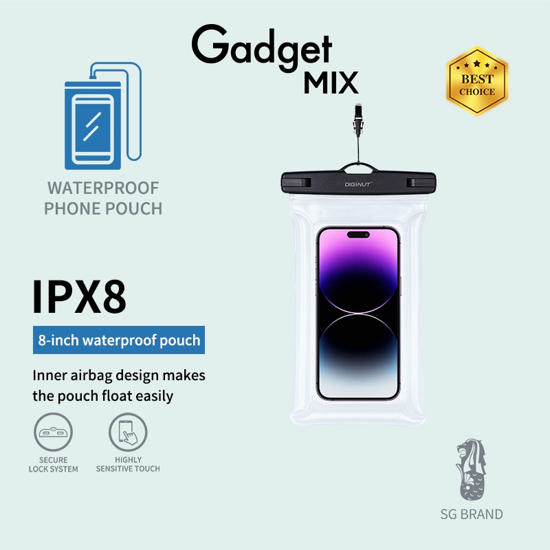 Gadget MIX Diginut WB-01 Waterproof Phone Pouch Transparent/ BPA-FREE/  8-inch IPX8 Certified Waterproof