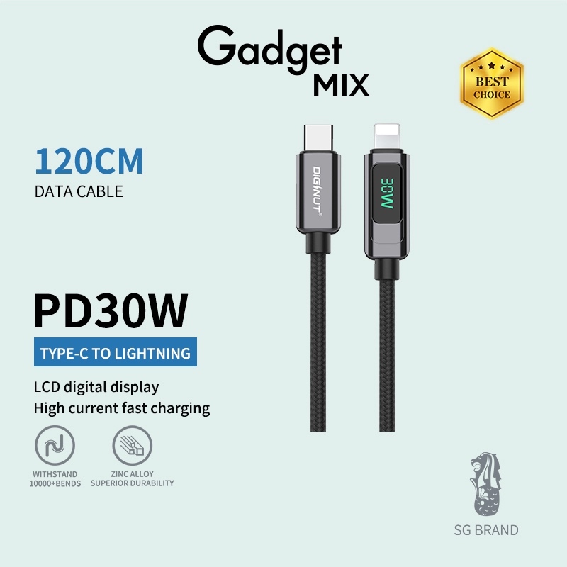 Gadget MIX Diginut BC-1220 Zinc Alloy Digital Display Type-C To iOS Cable 1.2M 30W/ LCD Digital Display
