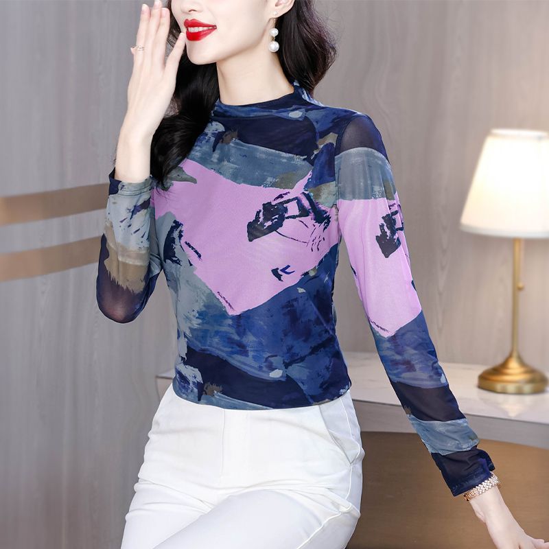 เสื้อยืดคอเต่าผ้าตาข่ายสองชั้นพิมพ์ลายแฟชั่นฟิตตัว